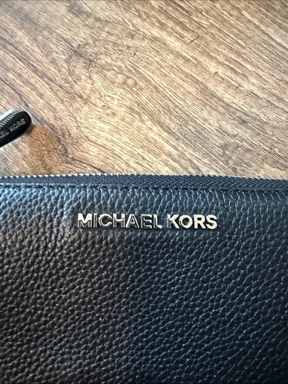Michael Kors Black Pebbled Leather Zip Wallet with Gold Logo